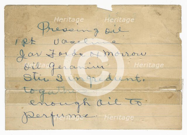 Handwritten formula for pressing oil, 1915-1953. Creator: Unknown.
