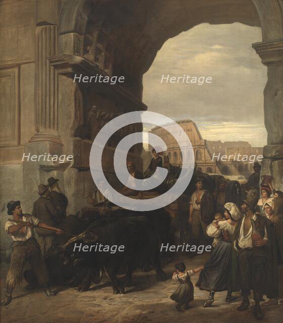 Roman Workmen Transporting an Antique Imperial Statue from the Colosseum through the..., 1866-1867. Creator: Ludvig Abelin Schou.