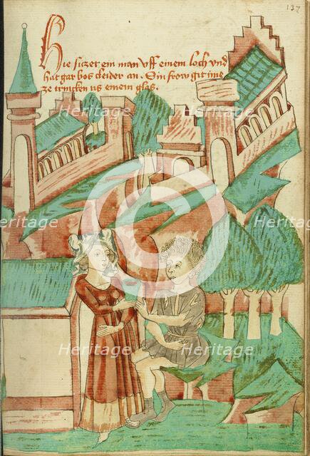A Young Woman Giving Something to Drink to a Man in Torn Clothing; Barlaam und Josaphat, 1469. Creators: Hans Schilling, Diebolt Lauber.