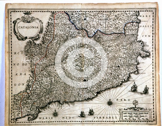 Colored map of Catalonia, from the 'Geographia Blaviana' or 'Theatrum Orbis sive Terrarum Atlas N…