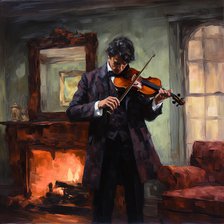 AI IMAGE - Sherlock Holmes playing the violin in his rooms at 221B Baker Street, 2023. Creator: Heritage Images.