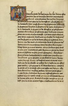 Initial Q: Gillion Asking the Count of Hainaut for Permission to Go on Pilgrimage, 1464. Creators: Lieven van Lathem, David Aubert.