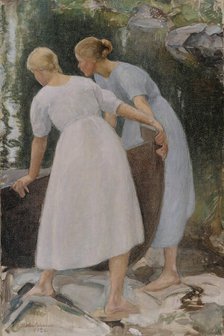 Girls Pushing a Boat, 1925. Creator: Halonen, Pekka (1865-1933).