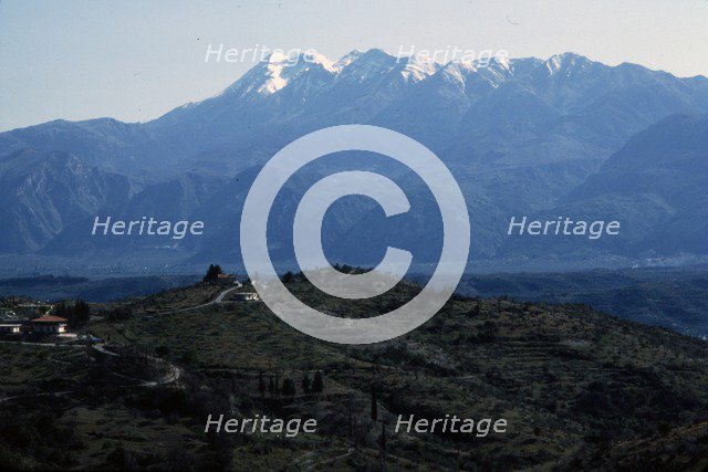 Sparta, Greece and valley of the River Eurotas, with Taiyrtos mountains beyond, c20th century. Artist: CM Dixon.