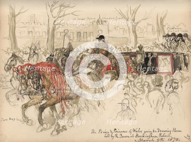 Leaf from a sketchbook with a drawing of the Prince and Princess of Wales going to a..., 1870. Creator: Sir John Gilbert.