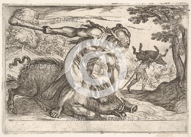 Hercules and the Boar of Erymanthus: Hercules holds down the boar's snout with his left ha..., 1608. Creator: Antonio Tempesta.