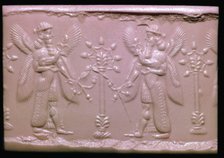 Neo-Assyrian cylinder-seal impression showing mythical beings making offerings. Artist: Unknown