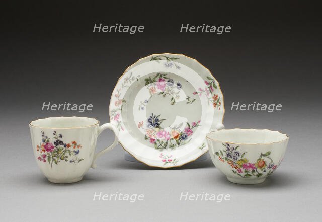 Tea Bowl, Coffee Cup, and Saucer, Worcester, c. 1765. Creator: Royal Worcester.
