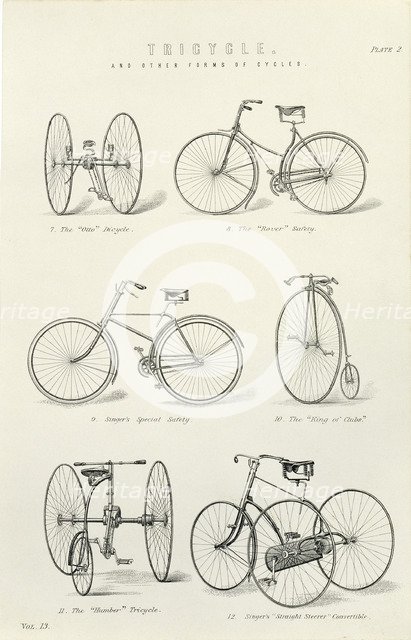 Six early forms of bicycles and tricycles, 19th century. Artist: Unknown
