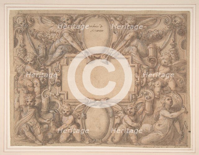 A Cartouche and Two Shields Surrounded by Allegorical Figures., 1570-1631. Creator: Attributed to Andrea Lilli (Lilio).
