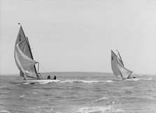 The 6 Metre 'Snowdrop' and 'Correnzia' racing downwind, 1911. Creator: Kirk & Sons of Cowes.