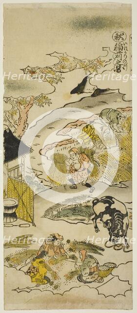 Autumn: Harvesting Rice (Aki: inekari no zu), No. 3 from the series "The Four Seasons..., c. 1730s. Creator: Torii Kiyomasu.