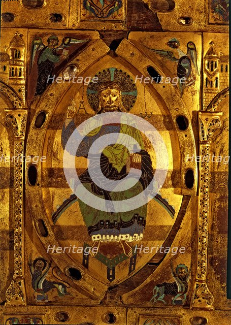 Façade of Silos made of enameled copper plates on oak wood. It was part of the sepulchral ark of …