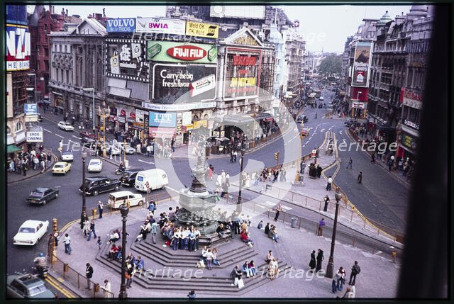 An elevated view looking north-east over Piccadilly Circus, London, 1977. Creator: Dorothy Chapman.