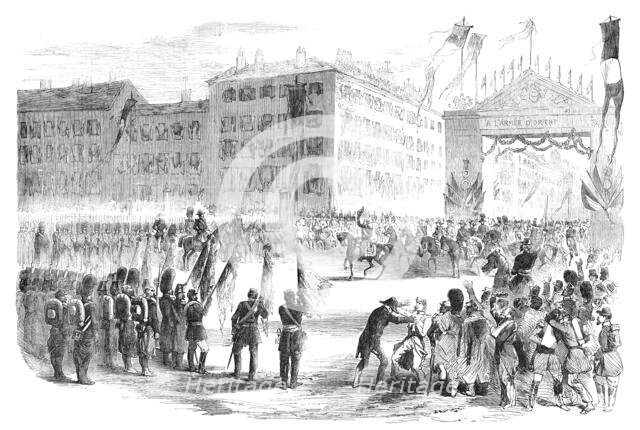 The Emperor Meeting the Crimean Troops on the Place de la Bastille, Paris, 1856.  Creator: Unknown.