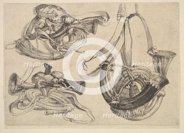 Seven hunting horns in three groupings, 1625-77. Creator: Wenceslaus Hollar.