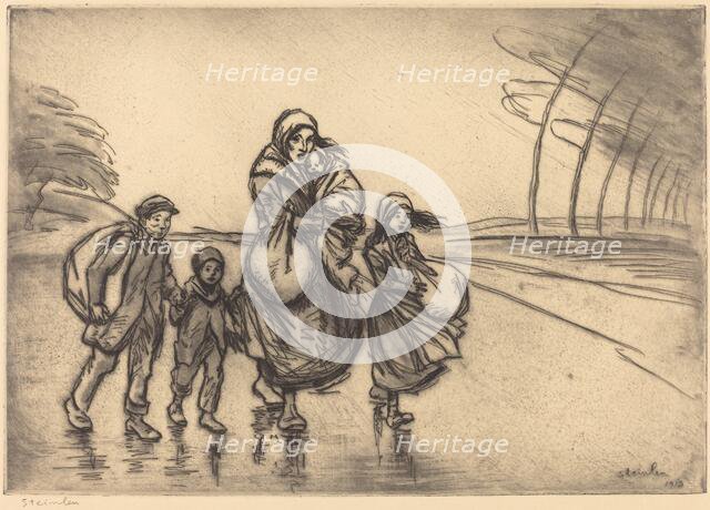 In the Rain: Mother and Children (Sous la pluie: La mere et les enfants), 1915. Creator: Theophile Alexandre Steinlen.