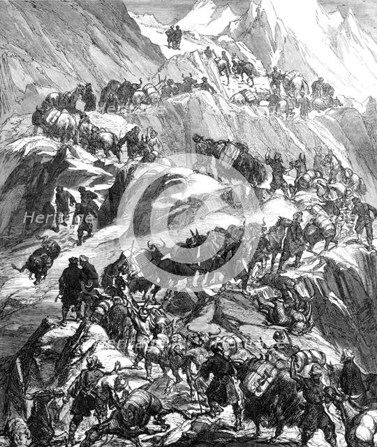 The Yarkund Mission: mules and baggage-train going over the Grim (Sanjoo) Pass, 1874. Creator: Unknown.