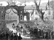 Marriage of Princess Louise: the newly-married pair receiving an address of welcome at Esher, 1871. Creator: Unknown.