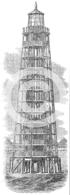 Wrought-iron lighthouse on the Ushruffee Reef, in the Strait of Jubal, in the Red Sea, 1862. Creator: Unknown.