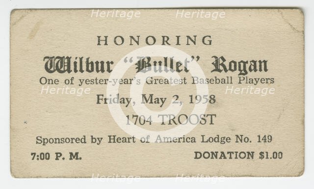 Advertising card for an event honoring Wilbur "Bullet" Rogan, May 2, 1958. Creator: Unknown.