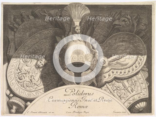 Divers Trophées (Weapon Trophies after the Façade of Palazzo Milesi in Rome), 1651. Creators: Polidoro da Caravaggio, Rene Lochon.