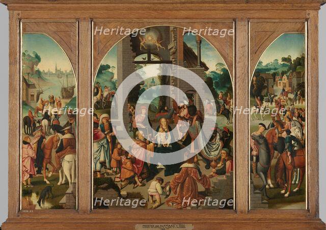Triptych with Adoration of the Magi (center and inner wings), Saint Antony Abbot (left, outer wing)  Creator: Master of Alkmaar.
