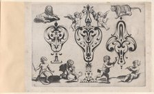 Blackwork Designs with Putti and Felines, Plate 8 from a Series of Blackwork Ornamen..., after 1622. Creator: Meinert Gelijs.
