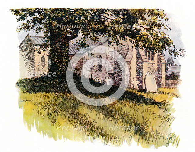 Churchyard at Tolpuddle showing James Hammett's grave, 1934. Artist: Unknown