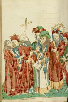 King Avenir and Josaphat amid the Pagan Scholars; Barlaam und Josaphat, 1469. Creators: Hans Schilling, Diebolt Lauber.