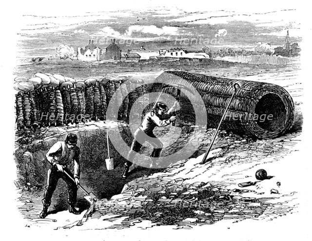 Siege Operations at Chatham: sappers working behind sap roller, 1871. Creator: Unknown.