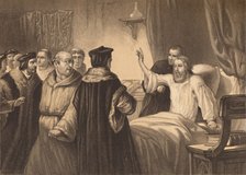 'Wycliffe on his Sick-Bed Assailed by the Friars', 1886. Artist: Herbert K Bourne.