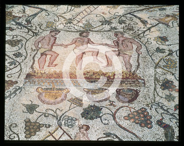 Ruins of Mérida, Roman house of the Amphitheater, detail of the mosaic with scenes of treading of…