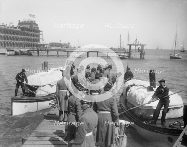U.S.S. New York, band going aboard at Hampton Roads, between 1893 and 1901. Creator: Edward H Hart.