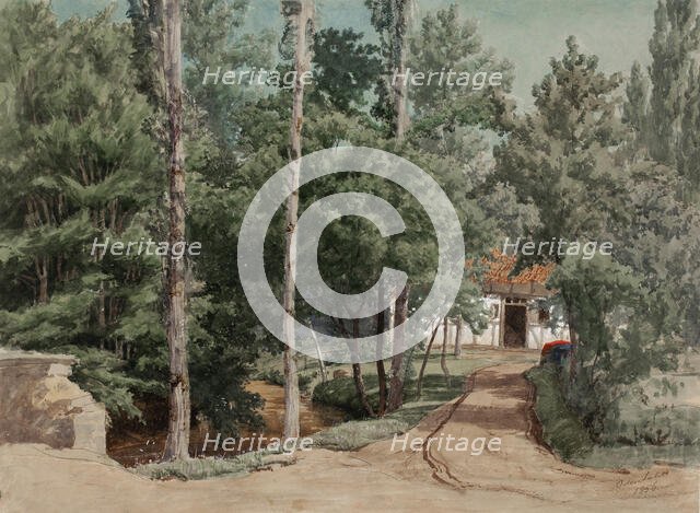 Timber framed building surrounded by deciduous forest, 1856. Creator: Werner Holmberg.