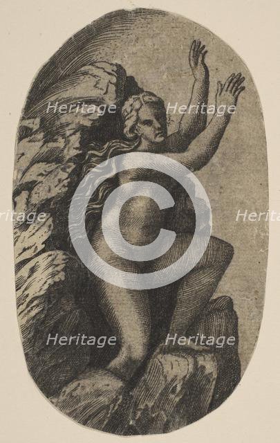 Eurydice naked standing on a rock, her arms raised to the right, ca. 1515-27. Creator: Marco Dente.