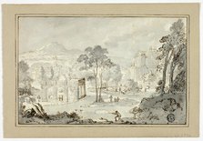 Hunter with Dog, Other Figures in Landscape with Villa, Canal, Pyramid, n.d. Creator: Gaspar van Wittell.