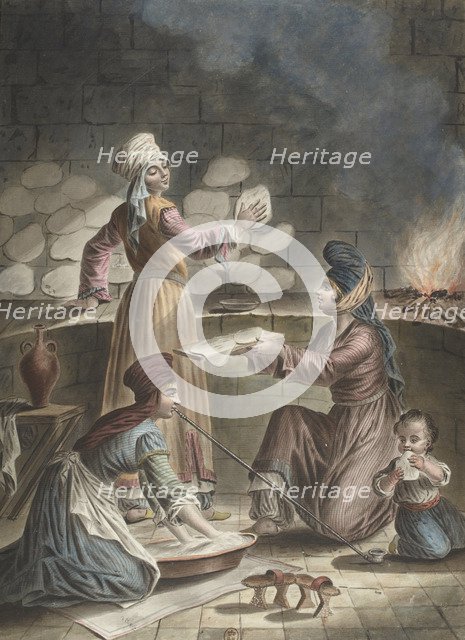 Turkish women bake bread, 1790. Artist: Rosset, François-Marie (1752-1824)