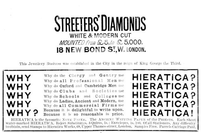 Advertisements for Streeters' Diamonds and Hieratica Note Paper, 1890.  Creator: Unknown.