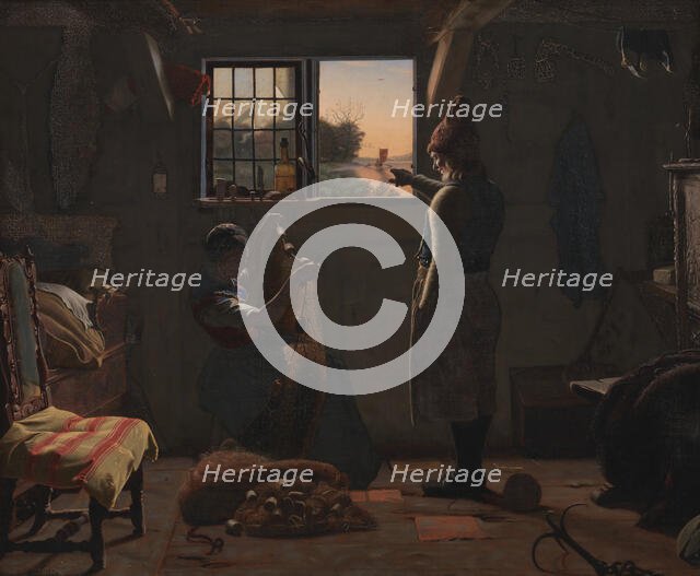 A fisherman shows his daughter a boat sailing away, 1854. Creator: Christen Dalsgaard.