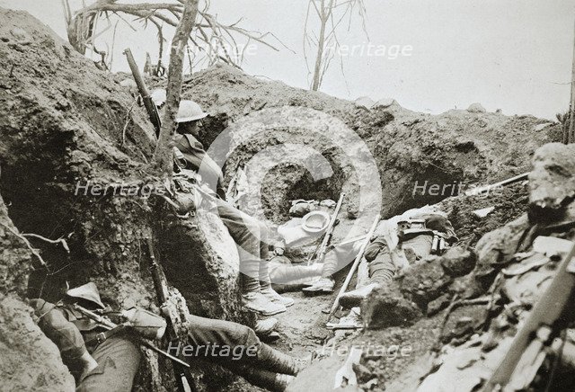 British troops resting in a captured German trench, Somme campaign, France, World War I, 1916. Artist: Unknown