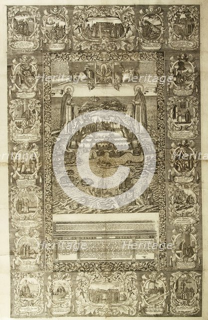 Saints Zosima and Savvatiy of Solovki with view of the Solovetsky Monastery, 1765. Artist: Pastukhov, Dmitri (active Mid of 18th cen.)