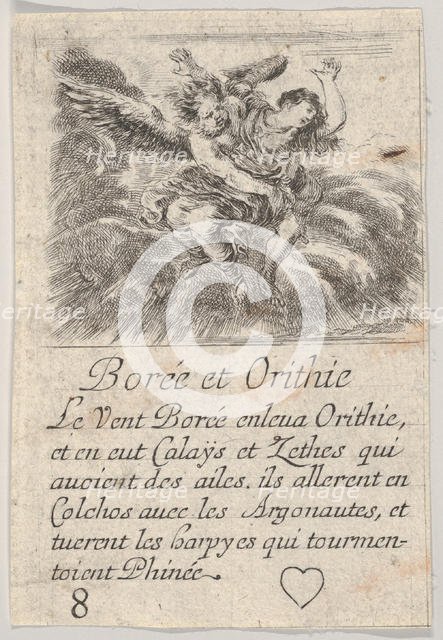 Boreas and Orithyia, from 'Game of Mythology' (Jeu de la Mythologie), 1644. Creator: Stefano della Bella.