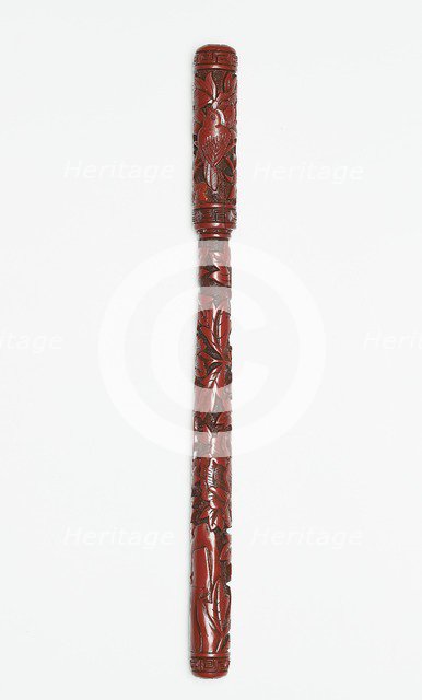 Lacquer writing brush and lid with peonies, early 15th century. Artist: Unknown.