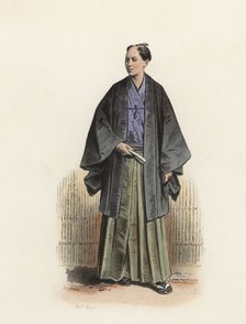 Japanese officer in street clothes, color engraving 1870.