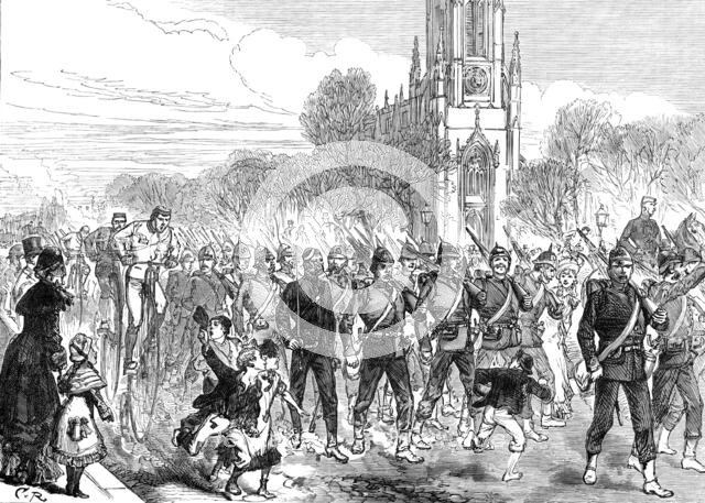 The Easter Volunteer Review: arrival of volunteers at Brighton by road, 1880. Creator: Unknown.