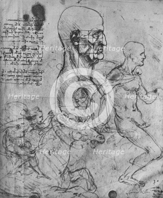 'Profile of a Man Squared for Proportion and Studies of Horsemen', c1480 (1945). Artist: Leonardo da Vinci.