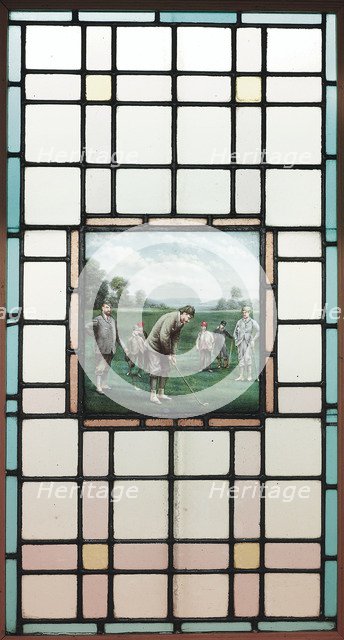 A Late Victorian Leaded Glass Window With The Golfers, c. 1890. Artist: Brock, Charles Edmund (1870-1938)