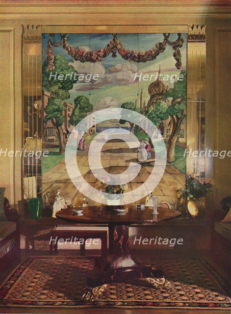 Panel showing Regency Brighton, flanked by mirrored glass pilasters, 1933.  Artist: Unknown.