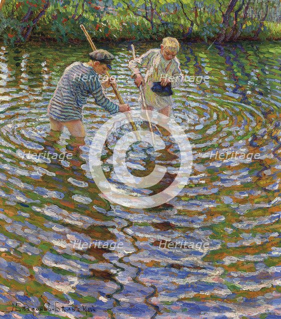 Young boys fishing for crayfish.